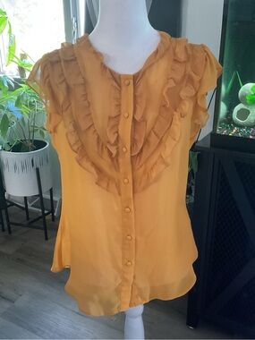 Banana Republic Ruffled Cap-Sleeve Blouse in Mustard Yellow
